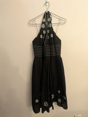 London Times Black Halter Midi Dress with White Floral Accents - Size 10